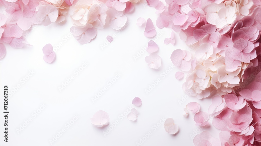 Flower composition. hydrangea petals on a pink background. Wedding day, mother's day and women's day concept. Flat lay, top view.