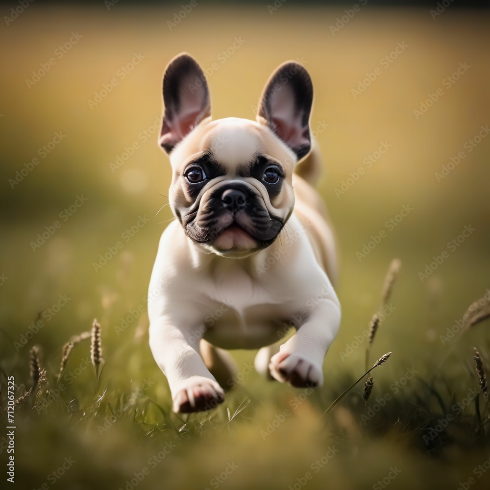 Cute French bulldog puppy running on the grass