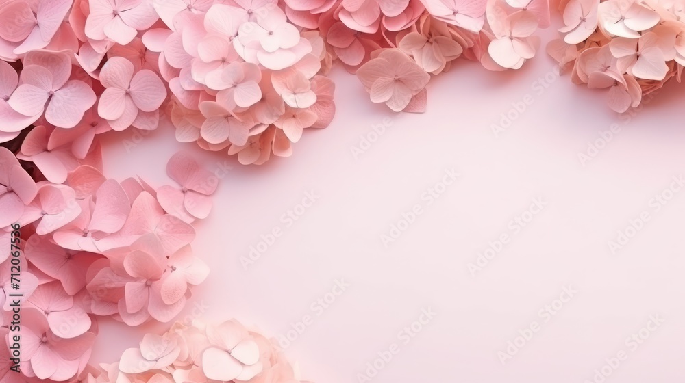 Flower composition. hydrangea petals on a pink background. Wedding day, mother's day and women's day concept. Flat lay, top view.