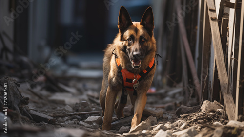 Search and Rescue Dog Navigating Rubble photo