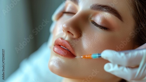 jeune femme qui va se faire faire une injection de produit sur le visage photo