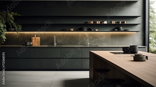 Cuisine moderne noir mat avec du bois, style minimaliste photo