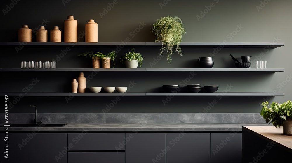 Cuisine moderne noir mat avec du bois, style minimaliste - obrazy, fototapety, plakaty 