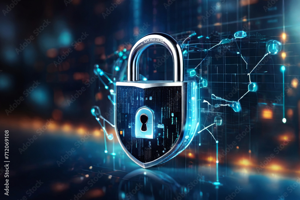 Enhance cybersecurity with a digital padlock icon on a virtual interface screen. Safeguard your online presence and protect business data privacy against cyber threats. - obrazy, fototapety, plakaty 