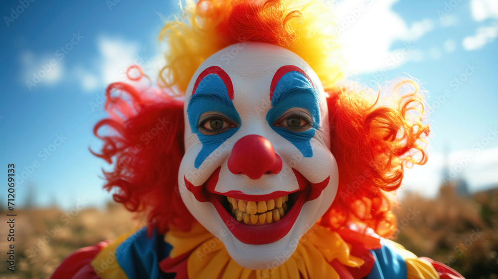 Clown with bright makeup smiling in sunlight.
