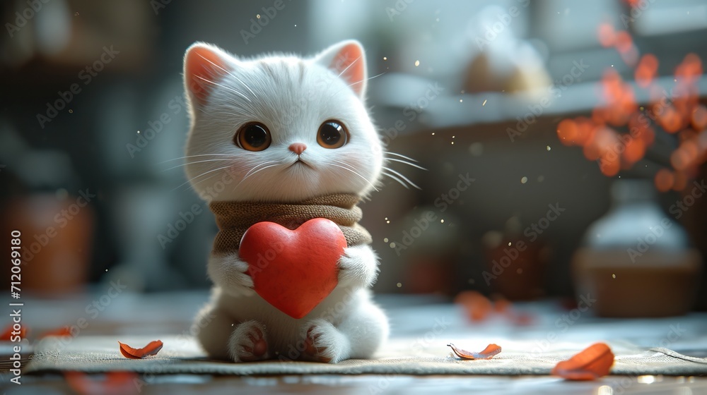 Petit chat trop mignon qui tiens un cœur pour la saint valentin  - obrazy, fototapety, plakaty 
