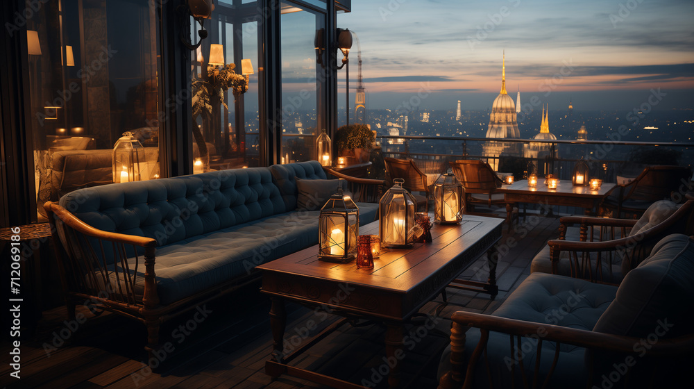 An elegant rooftop lounge with plush seating and warm lanterns offers a tranquil view of the city skyline at dusk. AI generated.
