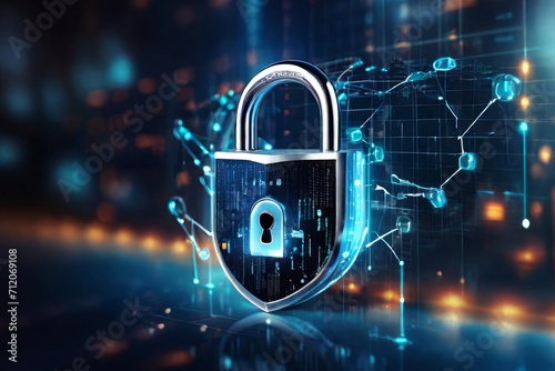 Enhance cybersecurity with a digital padlock icon on a virtual interface screen. Safeguard your online presence and protect business data privacy against cyber threats. photo