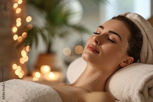 A beautiful woman is enjoying SPA service. Serene beautiful relaxed woman lying on couch with closed eyes receiving and enjoying relaxing massage.