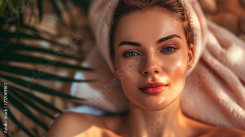 A beautiful woman is enjoying SPA service. Serene beautiful relaxed woman lying on couch with closed eyes receiving and enjoying relaxing massage.