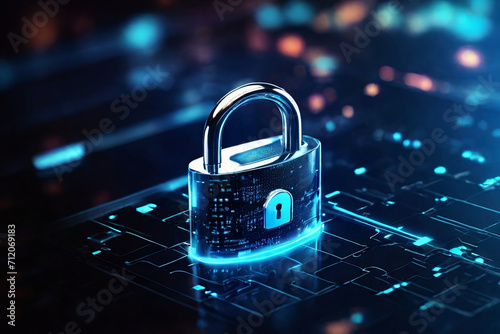Enhance cybersecurity with a digital padlock icon on a virtual interface screen. Safeguard your online presence and protect business data privacy against cyber threats.