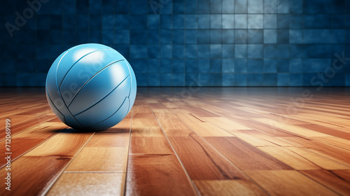 Handball ball lying on the blue parquet