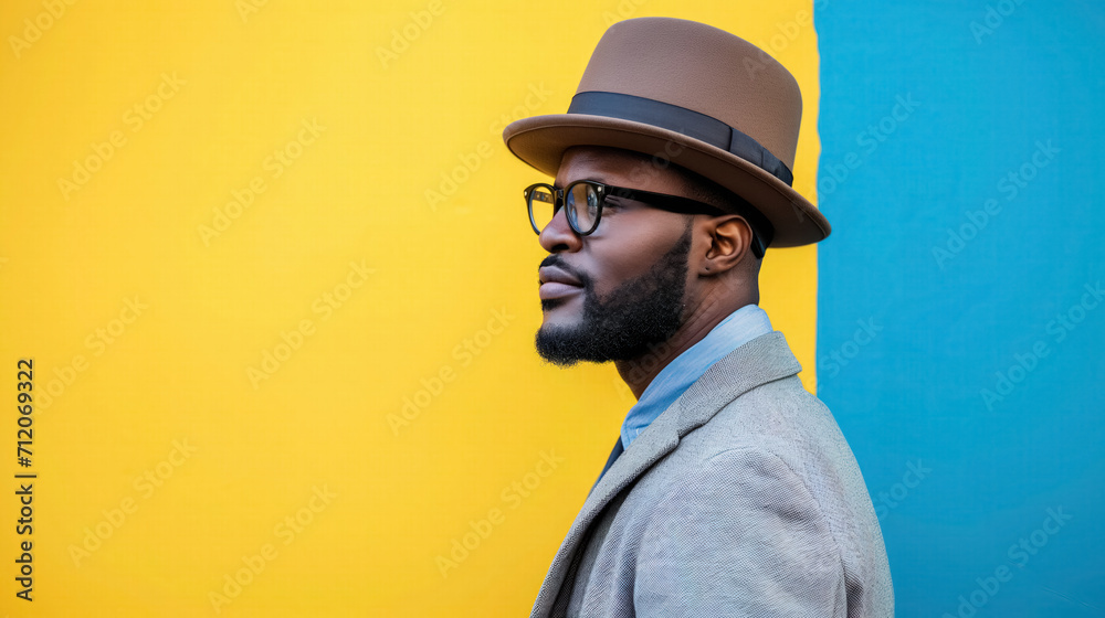 Man in hat profiled against blue and yellow wall. Man in hat profiled against blue and yellow wall.