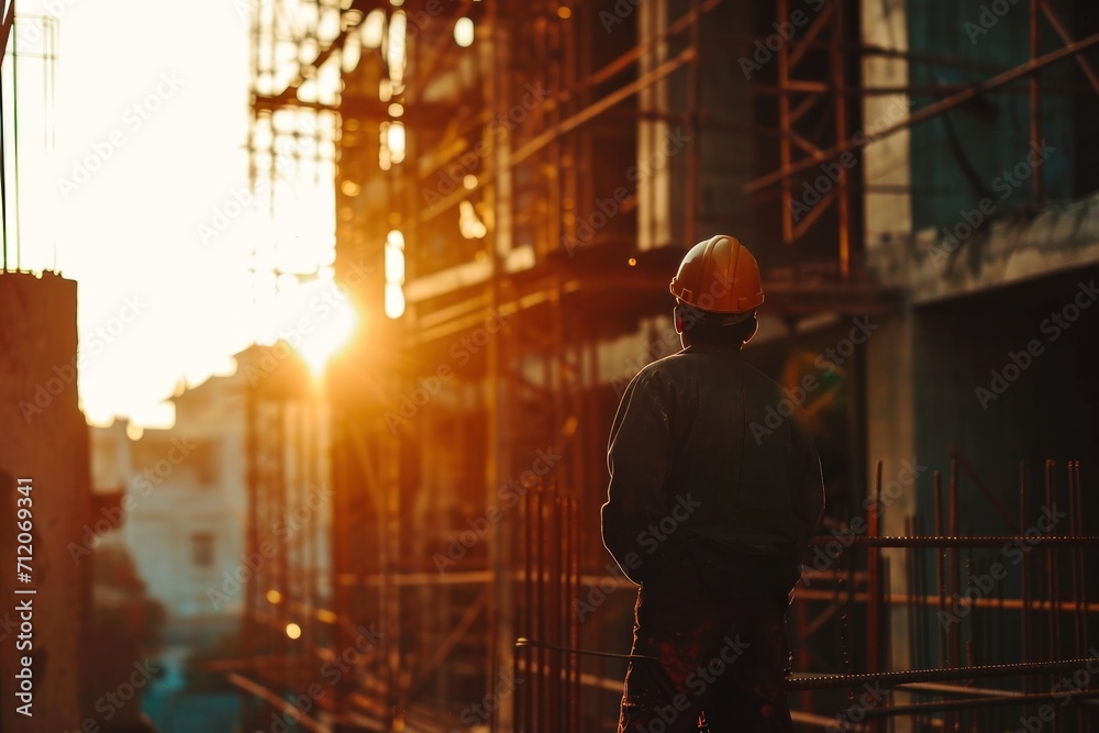 A professional architect engineer wearing protective helmet and standing looking at house construction site A professional architect engineer wearing protective helmet and standing looking at house construction site