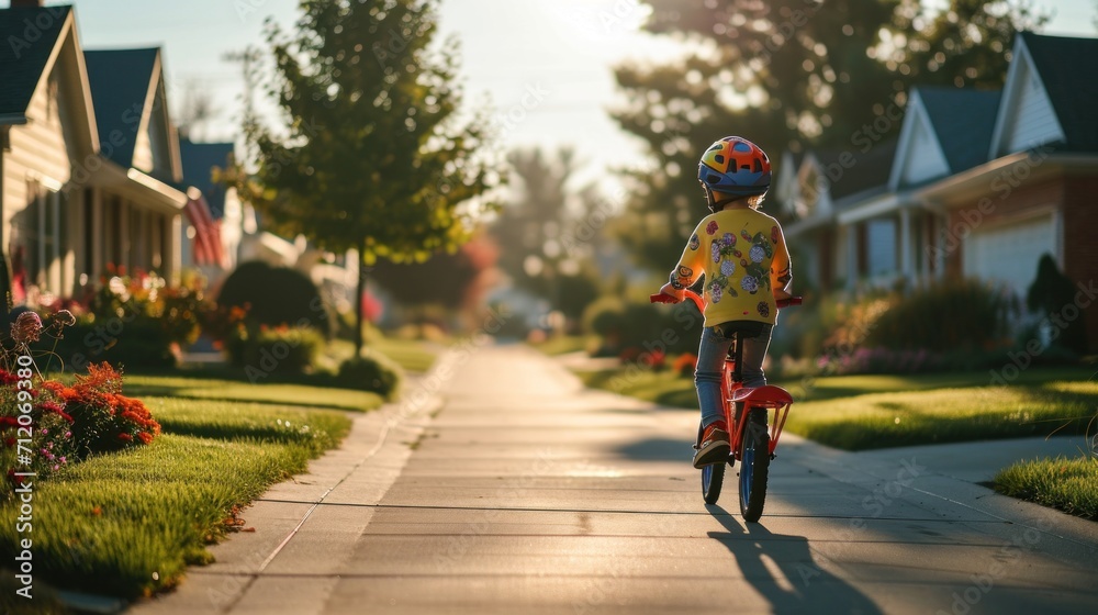 A little boy Wear a brightly colored helmet and colorful casual clothing. Child riding a small bicycle with training wheels By cycling happily on smooth, winding sidewalks.