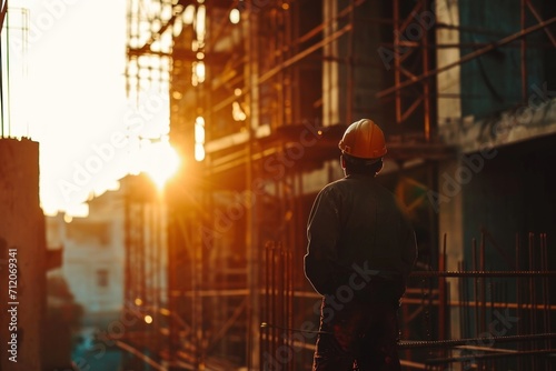 A professional architect engineer wearing protective helmet and standing looking at house construction site