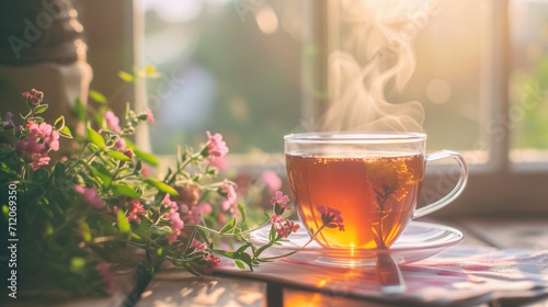 Steaming tea cup with flowers in morning light.