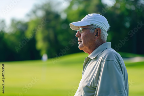 Golfer senior man with golf player with a cap and club over his shoulder on a driving course
