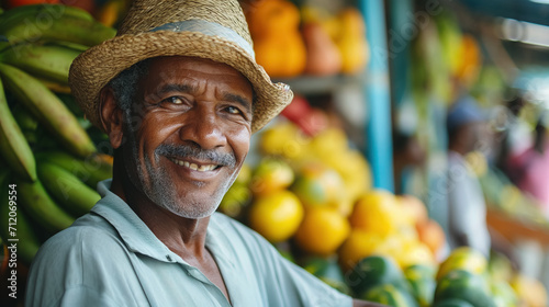 Smiling man with fruit stall in the background.