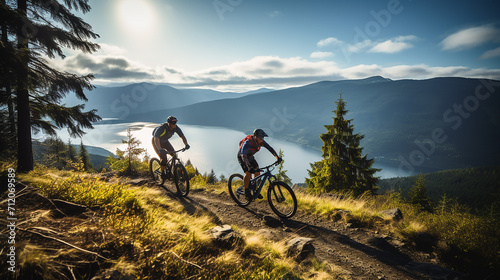 mountain biker riding on bike single track trail mountain © Aura