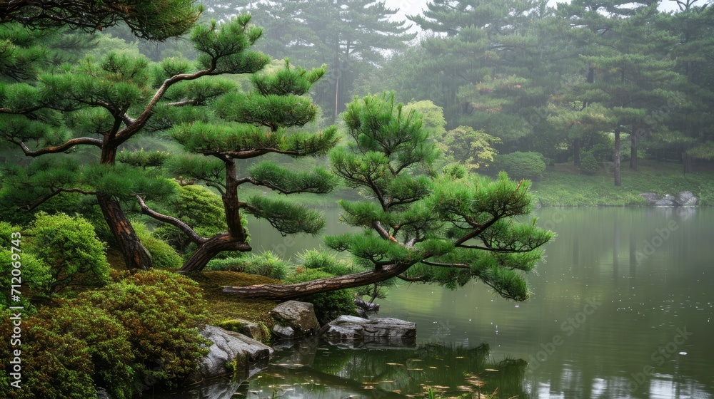 Japanese garden pine trees in spring rain. Japanese garden pine trees in spring rain.