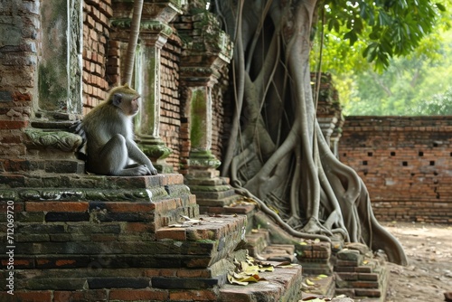 Monkey relaxing on stairs with a tree behind it, in the style of Buddhist art and architecture.