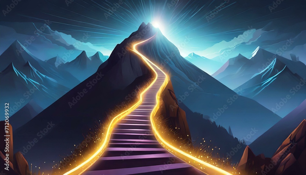 Path to success concept, with glowing light path going up the mountain ,