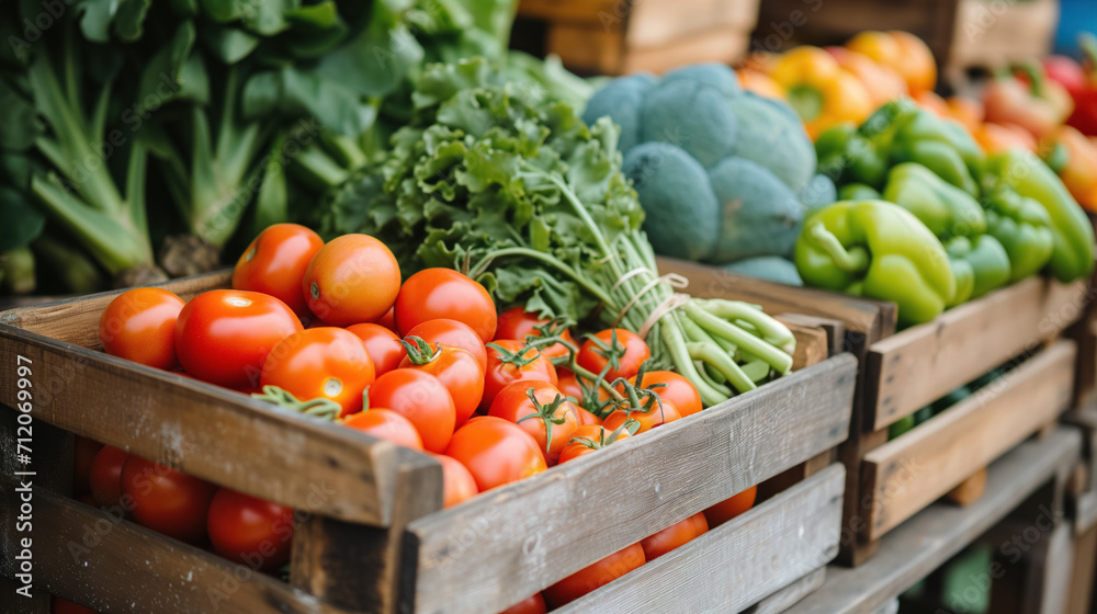 Fresh vegetables displayed in market crates.