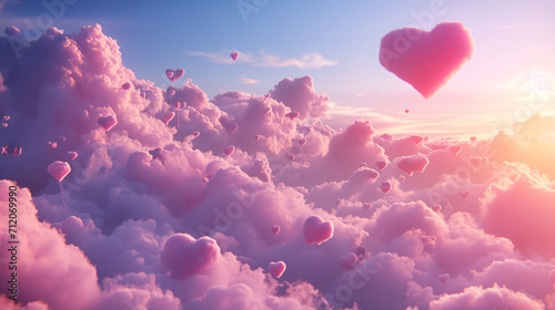 Pink, heart-shaped clouds blooming in the sky, bathed in sunshine, beautifully depicting love and romance