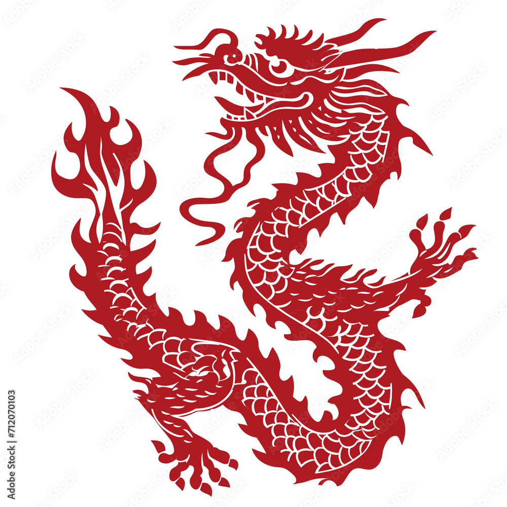 Red Paper dragon. Illustrating Cultural Symbolism. 2024 Chinese loong new year concept. Transparent background.