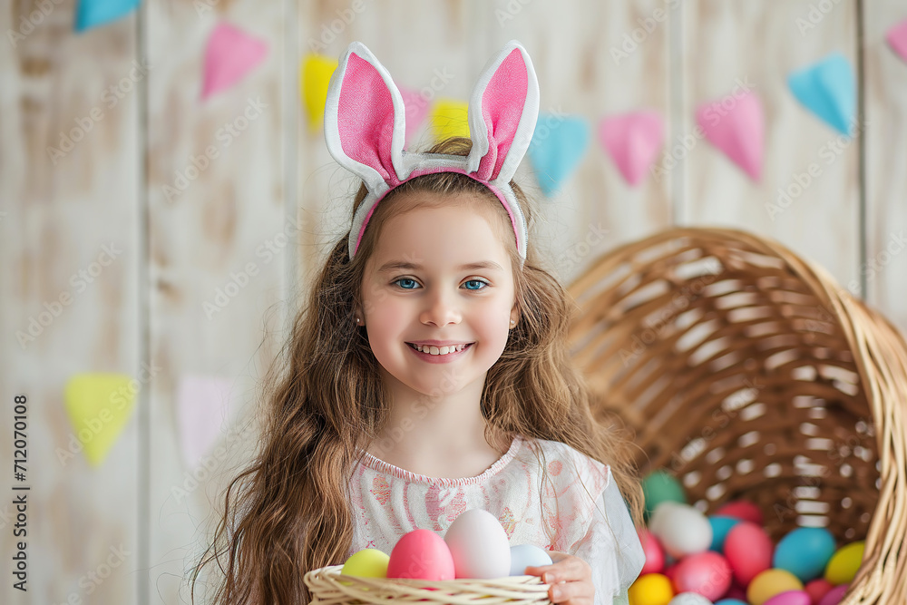 Happy cute girl wearing bunny ears with a hand holding easter eggs basket and easter theme or background looking at the camera