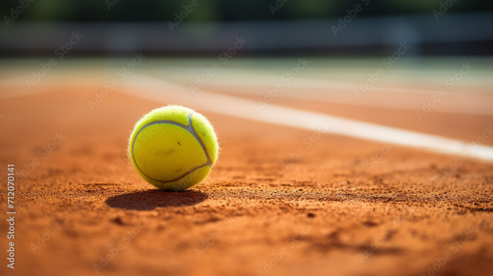 yellow tennis ball on the corner line of a clay tennis court with a shallow