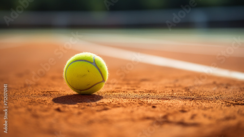 yellow tennis ball on the corner line of a clay tennis court with a shallow © Aura