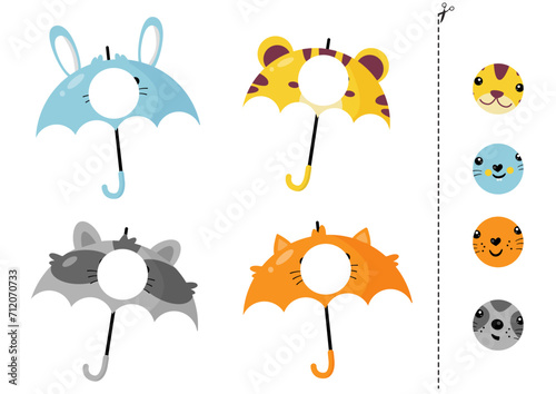 Cut and glue parts of cute cartoon animal umbrellas.