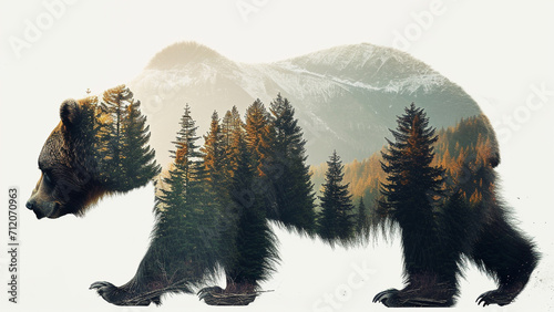 Double Exposure Majestic Grizzly Bear Against a Mountain Landscape