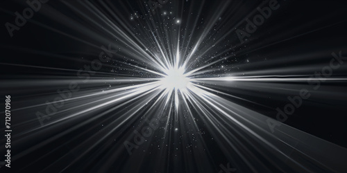 Monochrome image displaying beams of light radiating from a bright central point, AI generated