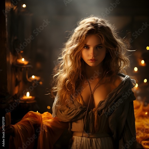 Young beautiful woman wearing loose robe and mesmerizing beauty in soft lighting. Beauty, woman, mesmerizing, sexy, arousing. © Charcha