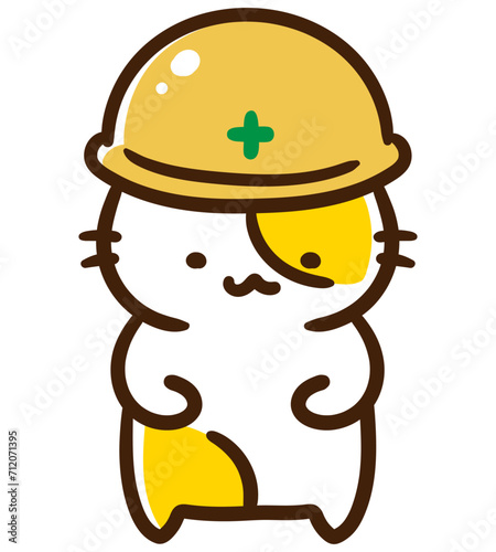 工事用ヘルメットをかぶって頭を下げるかわいいねこのキャラクターのデフォルメイラスト