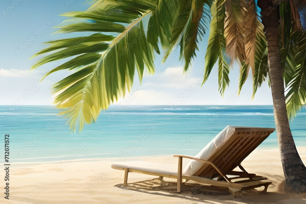 Inviting sunny beach paradise with a single wooden lounger awaiting relaxation, framed by palm foliage. AI