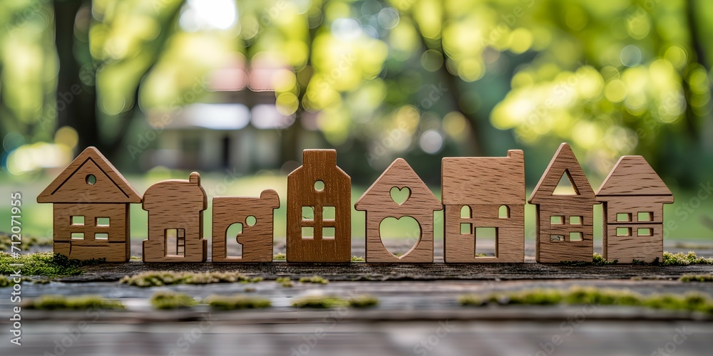 Wooden houses on a wooden table in the park. Selective focus. Wooden houses on a wooden table in the park. Selective focus.