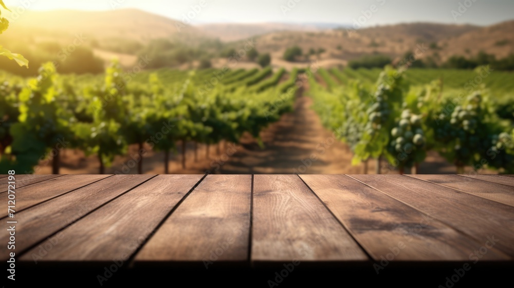 The empty wooden table top with blur background of vineyard. Exuberant image. generative AI - obrazy, fototapety, plakaty 