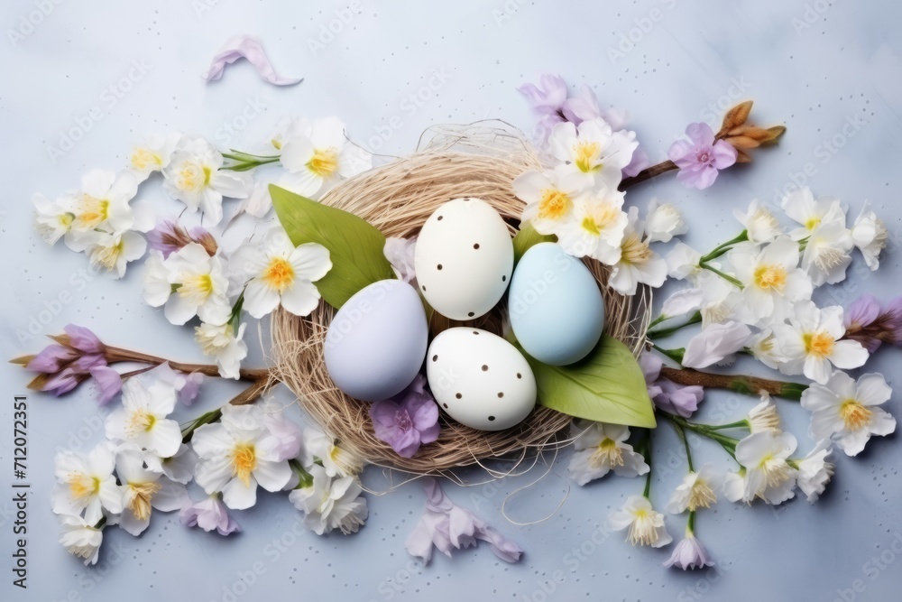Beautiful spring flowers, Easter eggs and on light background. Beautiful spring flowers, Easter eggs and on light background.
