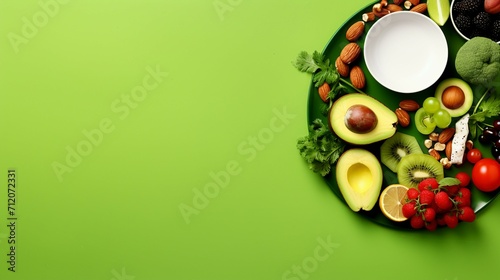 Vibrant Wellness: Top View Plates of Organic Fruits, Vegetables, and Dumbbells on Green Background – Ideal for Balanced Diet Concepts and Fitness Journeys!