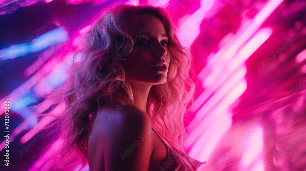Beautiful girl on the neon aurora light at a night club bar music festival Beautiful girl on the neon aurora light at a night club bar music festival