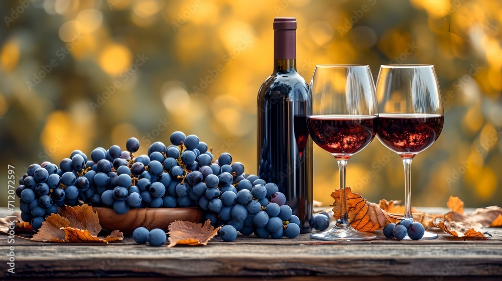 Elegant wine tasting experience in autumn setting. bottle and glasses among grapes. AI