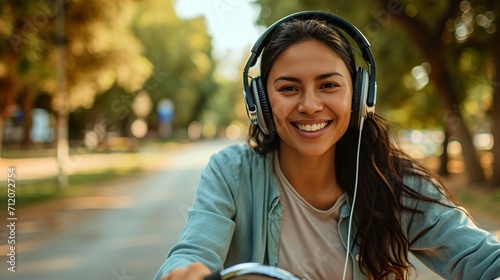 Smiling hispanic woman listening to music with headphones riding a bicycle photo