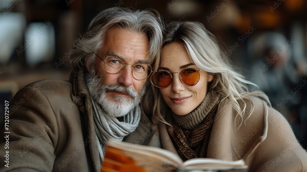 Elegant older couple enjoying a moment with a book at a cozy cafe. togetherness and lifestyle concept. AI Elegant older couple enjoying a moment with a book at a cozy cafe. togetherness and lifestyle concept. AI
