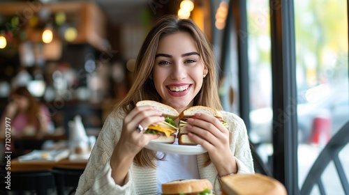 Young woman eating sandwiches in cafe