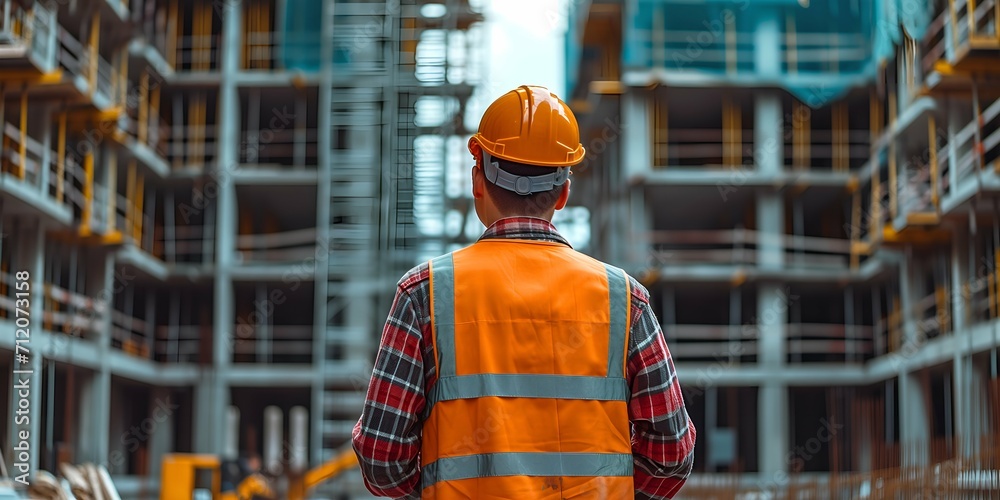 Rear view of unrecognizable male engineer in hardhat looking at construction site Rear view of unrecognizable male engineer in hardhat looking at construction site