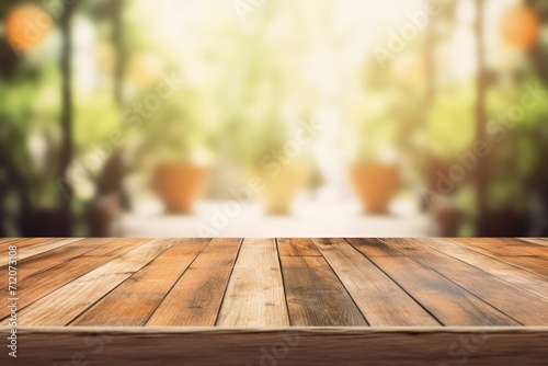 The empty wooden plank table with unfocused background. Exuberant image. generative ai © Summit Art Creations